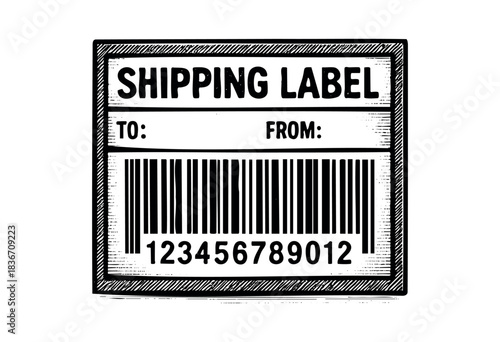Hand-drawn shipping label with barcode and address information areas for business and logistics applications — stock vector.