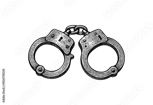 Engraved style illustration of metal handcuffs isolated on white background — stock illustration.