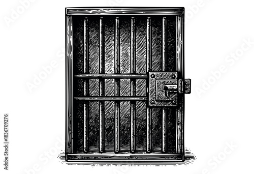 An illustration of a jail cell door with bars and a heavy latch in a vintage, woodcut style — stock illustration.