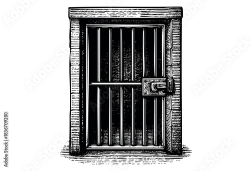 An illustration of a jail cell door with bars and a heavy latch in a vintage, woodcut style — stock illustration.