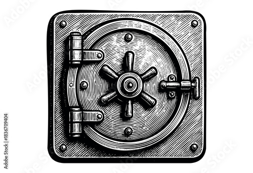 Monochrome vintage drawing of a heavy bank vault door, perfect for security and finance themes — stock illustration.