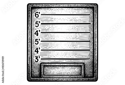 A blank sketch of a height measurement lineup board with hatch shading, used in police mugshots — stock vector.