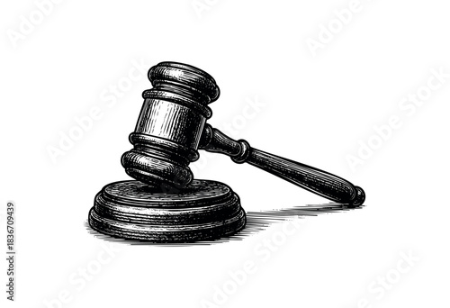 Engraved style illustration of a wooden gavel and sound block, symbolizing law and order — stock illustration.