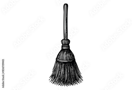 A vintage style sketch of a broom on a white background — stock illustration.