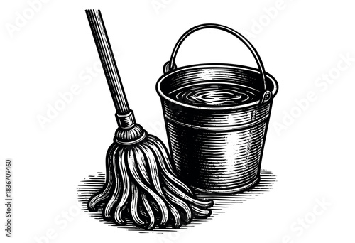 A retro-style black and white drawing features a mop and bucket, evoking a sense of vintage cleaning or sanitation — stock illustration.