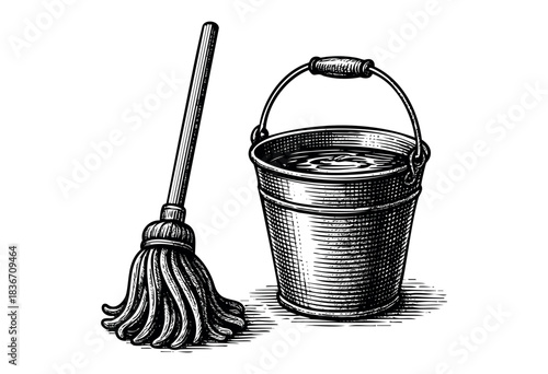 A mop and bucket of water for cleaning, depicted in a vintage etching style — stock illustration.