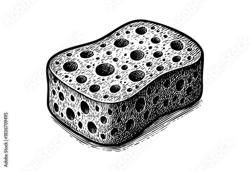 Black and white illustration of a washing sponge with engraved texture — stock vector.