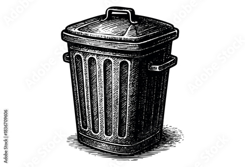 Monochrome trash can illustration with a vintage aesthetic and detailed texture — stock illustration.