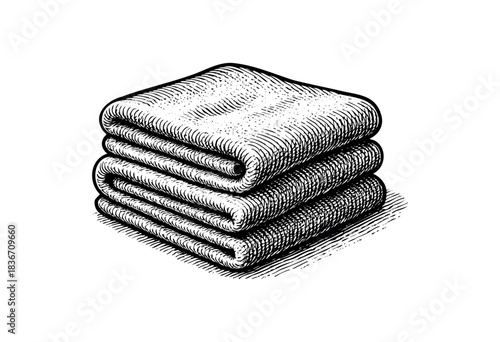 A pile of neatly stacked folded towels in an engraved style — stock vector.