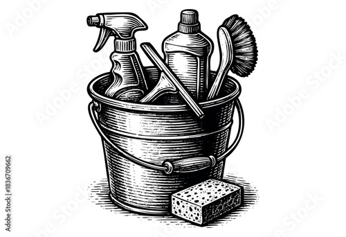 A bucket filled with a spray bottle, cleaning solution, squeegee, and scrub brush, alongside a sponge, depicted in a retro, engraved style — stock illustration.