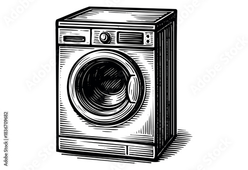 Engraved washing machine, classic laundry appliance in vintage style — stock vector.