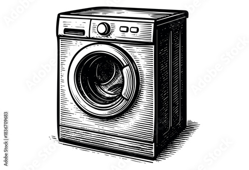 Woodcut illustration of a front load washing machine for laundry services — stock illustration.