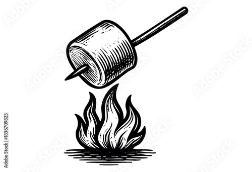 A marshmallow on a stick being roasted over a campfire is shown in a hand-drawn engraving style — stock illustration.