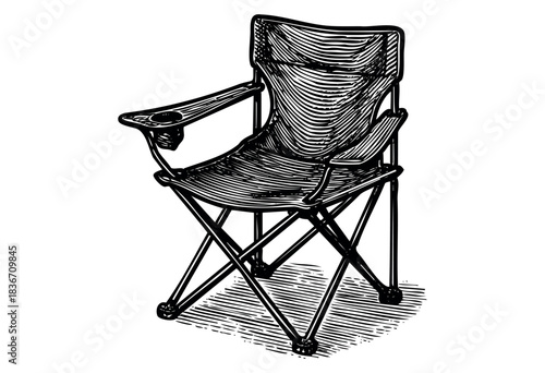 An isolated folding camp chair with a cup holder is illustrated in a vintage engraved style — stock illustration.