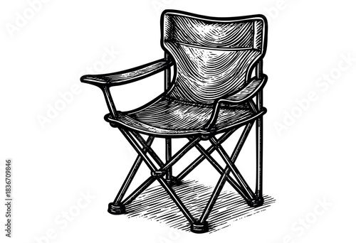 Engraved style illustration of a folding chair with armrests isolated on white — stock illustration.