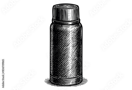 A detailed, monochrome drawing of a thermos bottle with a screw-on cap in a vintage engraved style — stock vector.