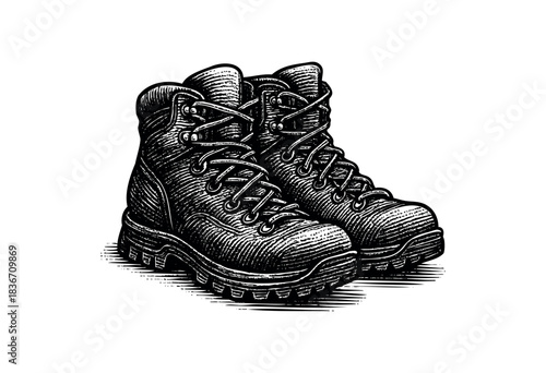 A pair of hiking boots is rendered in a detailed woodcut style — stock illustration.