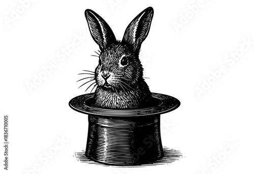 A black and white illustration features a rabbit emerging from a top hat, creating a classic magic trick visual — stock illustration.
