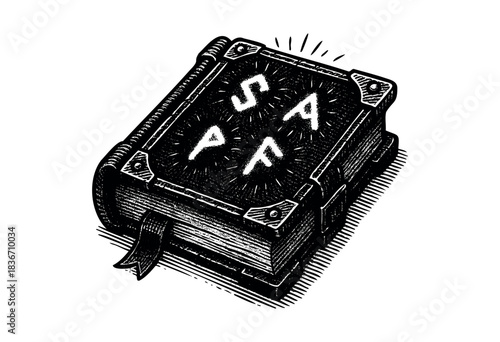 A vintage engraving depicts a magical grimoire with glowing runes on its cover, adorned with metal corners and a ribbon bookmark — stock illustration.