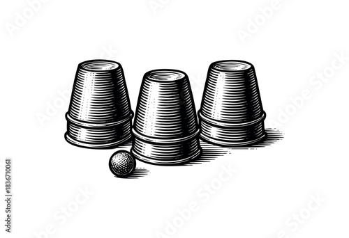 Three upturned cups and a ball for the classic shell game are illustrated in a vintage engraved style — stock vector.