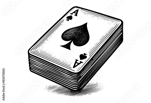 Stack of playing cards featuring the Ace of Spades in a retro engraved style — stock illustration.