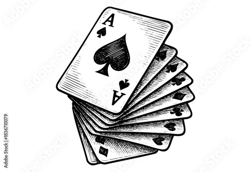 A hand-drawn deck of playing cards with an ace of spades on top creates a vintage look — stock illustration.