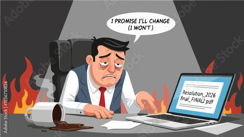 Office burnout illustration with tired businessman promising to change but failing resolutions