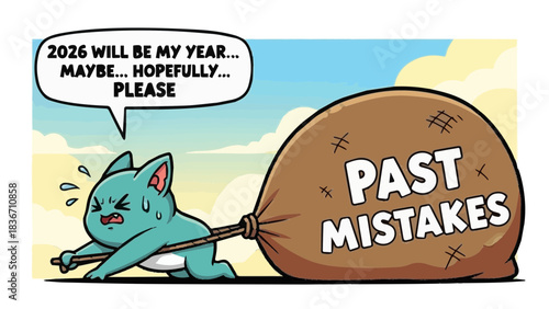 Funny blue cartoon cat dragging heavy sack of past mistakes into 2026 New Year illustration