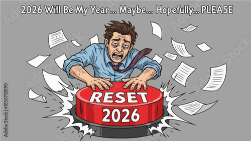 Stressed man desperately slamming big red 2026 reset button funny New Year concept illustration
