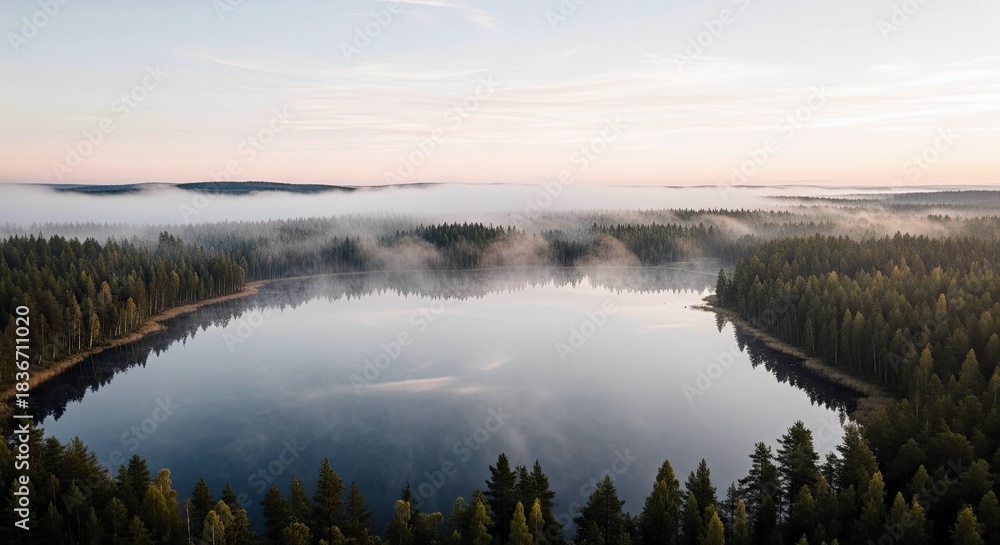 Obraz premium An aerial view of a lake surrounded by a dense forest, with fog rolling over the trees and water, under a soft, early morning light.