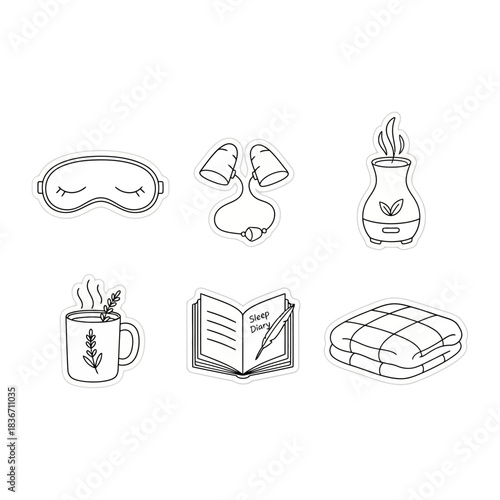 sleep hygiene elements eye mask earplugs diffuser journal tea  blanket illustrating bedtime routine and restful night for wellness projects.