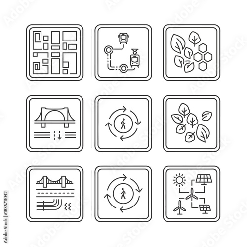 smart city infrastructure icons integrated systems for sustainable urban planning  green energy creating efficient transportation  eco-friendly environment solutions