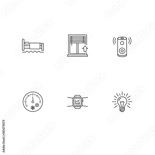 Smart home devices control sleep environment automation for relaxation adjusting blinds sound light temperature and schedule via smartwatch.