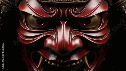 Fierce Red Japanese Samurai Mask Close Up on Black Background