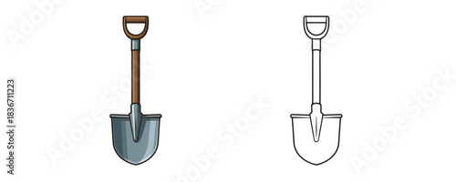 Vector illustration of an isolated cartoon shovel with a wooden handle and a gray metal blade, presented in two styles: colored and black outline