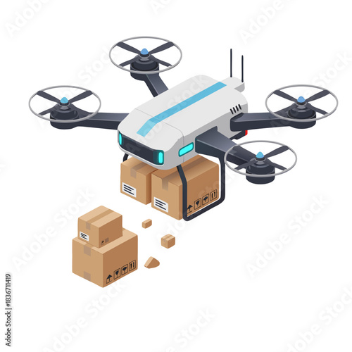 Modern White Delivery Drone With Blue Accents Levitating Boxes In Mid Air With A Dark Background Isometric Vector Art