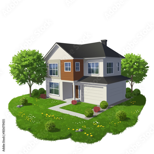 Modern Two Story Family House with Attached Garage and Landscaped Lawn Surrounded by Lush Green Trees and Blooming Wildflowers Under Bright Sunlight