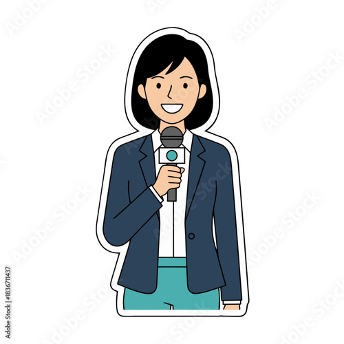 News Reporter Holding Microphone Wearing Blue Blazer White Shirt and Teal Pants Smiling Professionally Against a Black Background