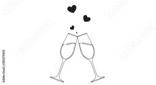 Two clinking wine glasses with hearts above them symbolizing celebration and romantic toast.