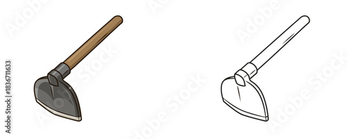 Vector illustration of an isolated cartoon garden grubbing hoe with a wooden handle and a metal blade, presented in two styles: colored and black outline