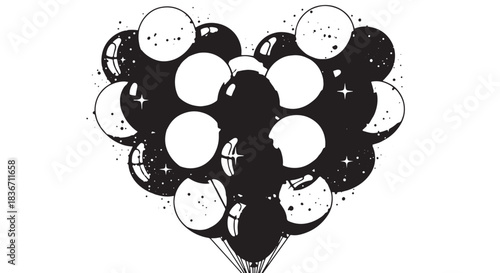 Abstract black and white grape cluster illustration with circular shapes and geometric pattern.