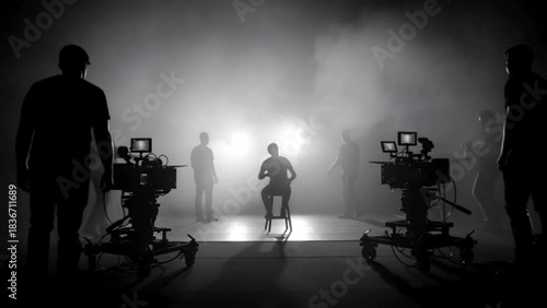 Silhouetted camera crew filming actor on foggy studio set with bright backlight creating dramatic production and performance atmosphere scene
