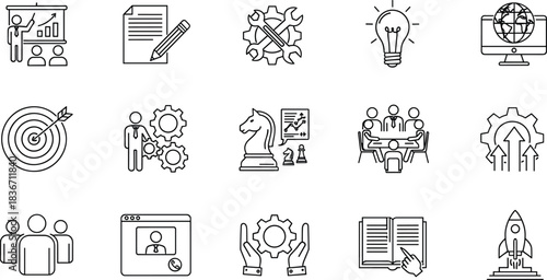 Business Strategy and Management Icon Set: Minimalist Vector Collection for Teamwork, Planning, Startup, Idea Generation, Corporate Goals, and Marketing UI/UX