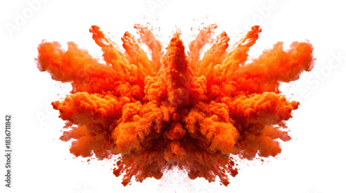 Volumetric orange explosion with rising burst of smoke and powder, abstract fiery blast on a clear background