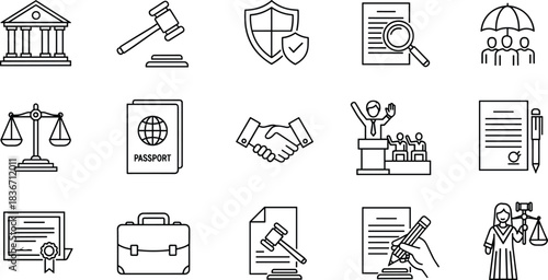 Law and Justice Thin Line Icons Vector Set: Legal System, Court, Judge, Lawyer, Certificate, Agreement, Protection, and Documentation Symbols