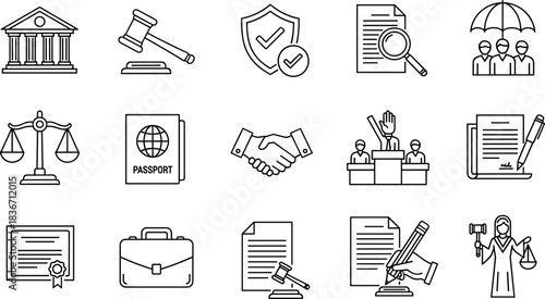 Law, Justice, and Legal System Icon Set: Court, Judge, Lawyer, Protection, Document, Agreement, Passport, Certificate, and Business Consultation