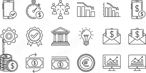 Line art vector icon set symbolizing credit score, banking, finance, risk assessment, loan agreement, review, interest rate, and excellent customer rating isolated on white.