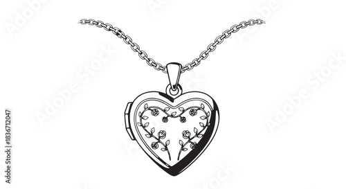 Delicate line art of a heart pendant necklace with chain, a graceful jewelry illustration.