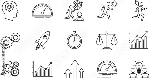 Line art vector icon set symbolizing education, knowledge, learning tools, academic achievement, school essentials, science, arts, and professional student success, isolated on white background.