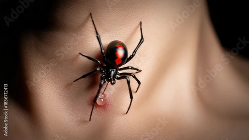A detailed view of a black widow spider biting a human neck, creating a sense of unease